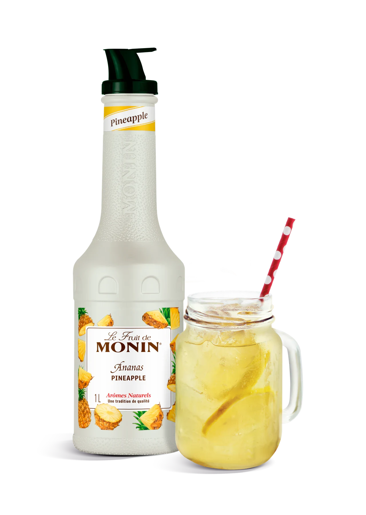 MONIN pyré Ananas v novém bílém designu s hotovým nápojem