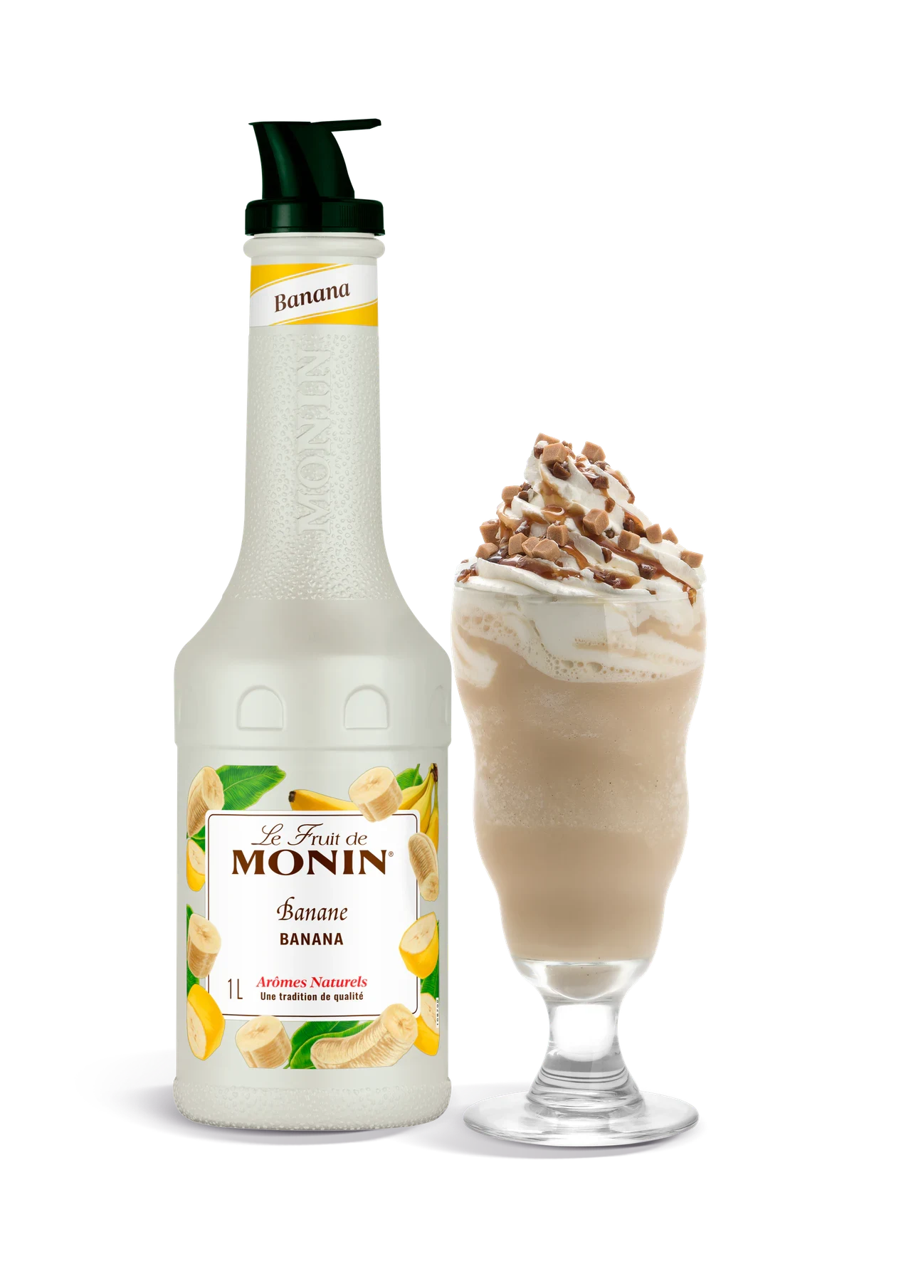 MONIN pyré Banán v novém bílém designu s hotovým nápojem