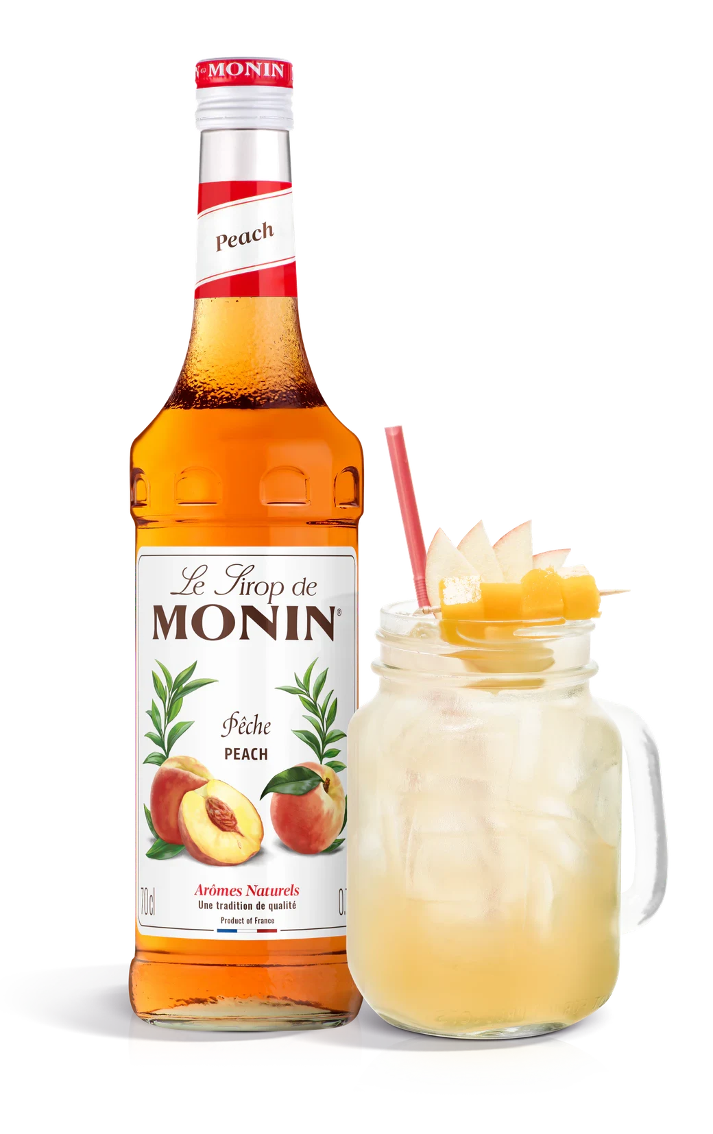 Monin sirup Broskev 0,7 l – láhev s připraveným nápojem