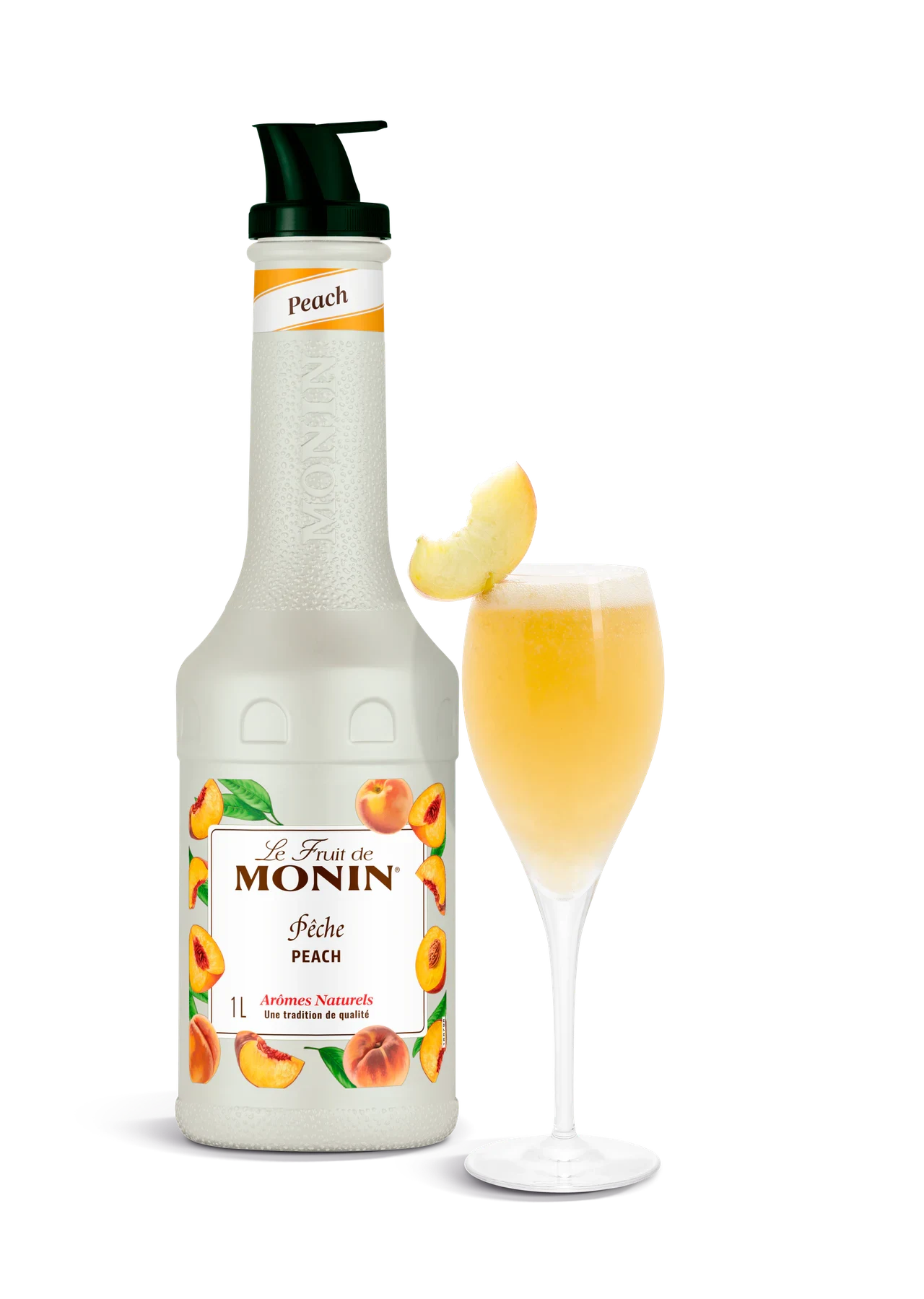 MONIN pyré Broskev v novém bílém designu s hotovým nápojem