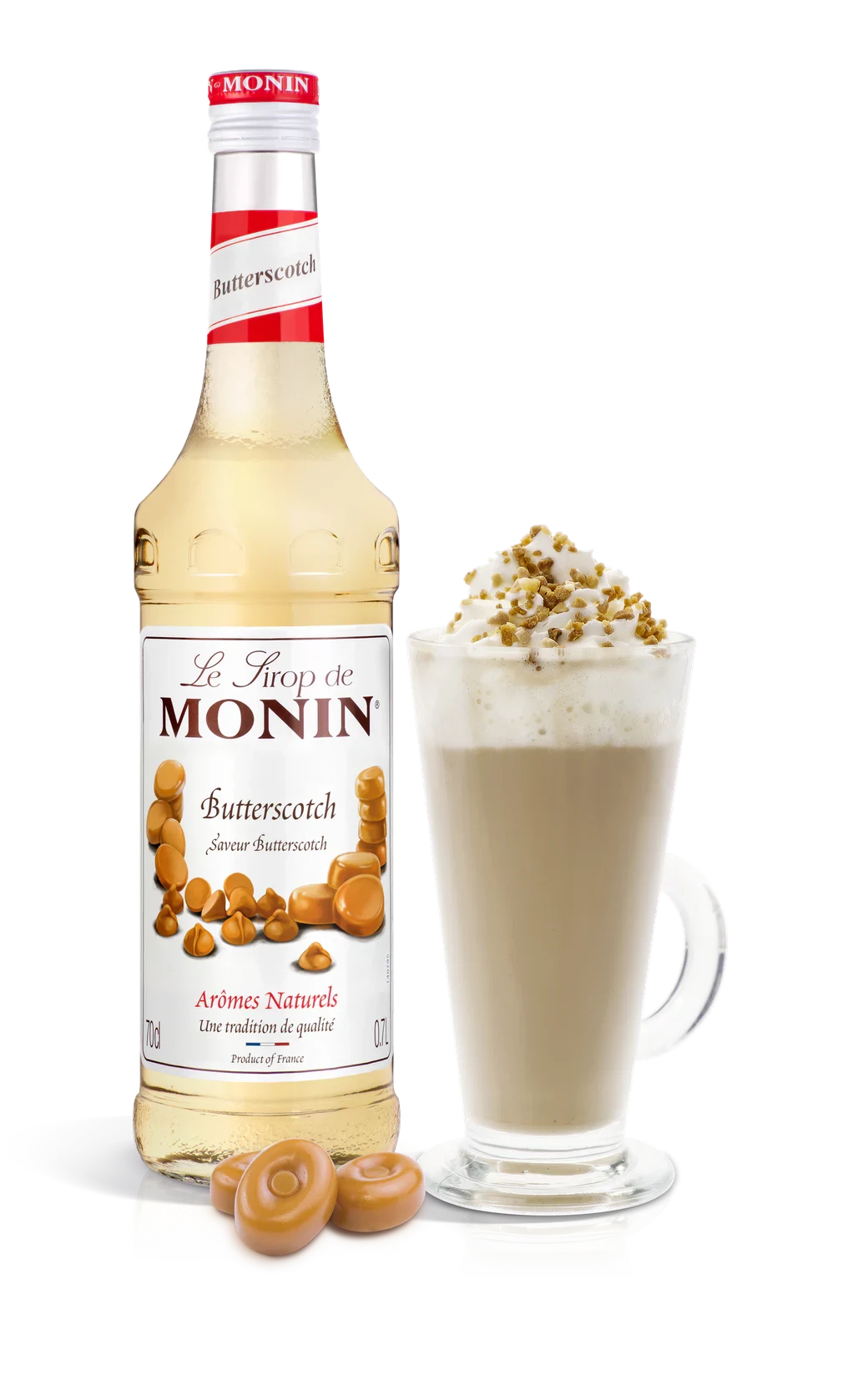 Monin sirup Butterscotch 0,7 l – láhev s připraveným nápojem