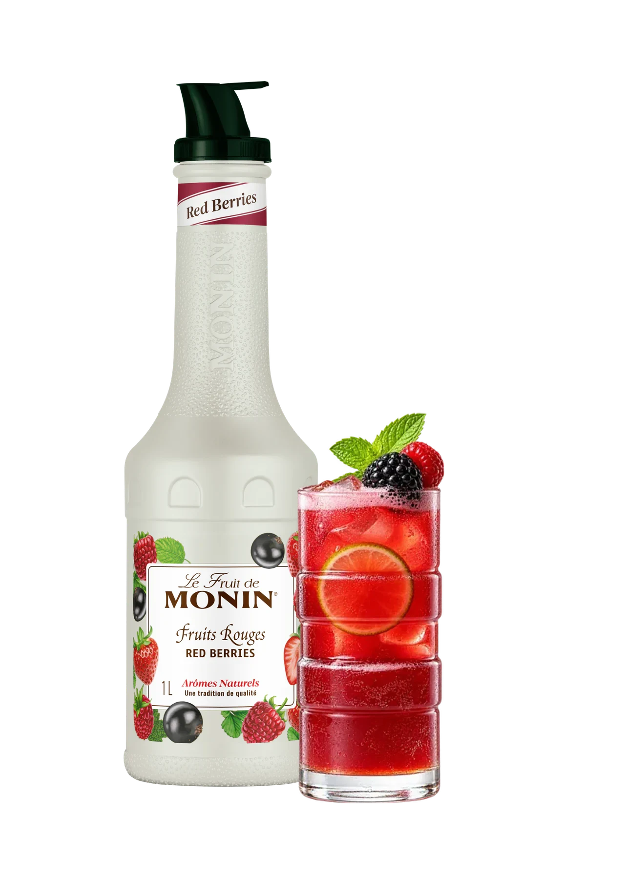 MONIN pyré Červené plody v novém bílém designu s hotovým nápojem