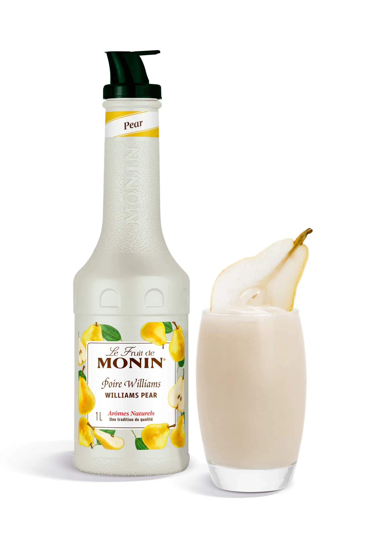 MONIN pyré Hruška Williams v novém bílém designu s hotovým nápojem