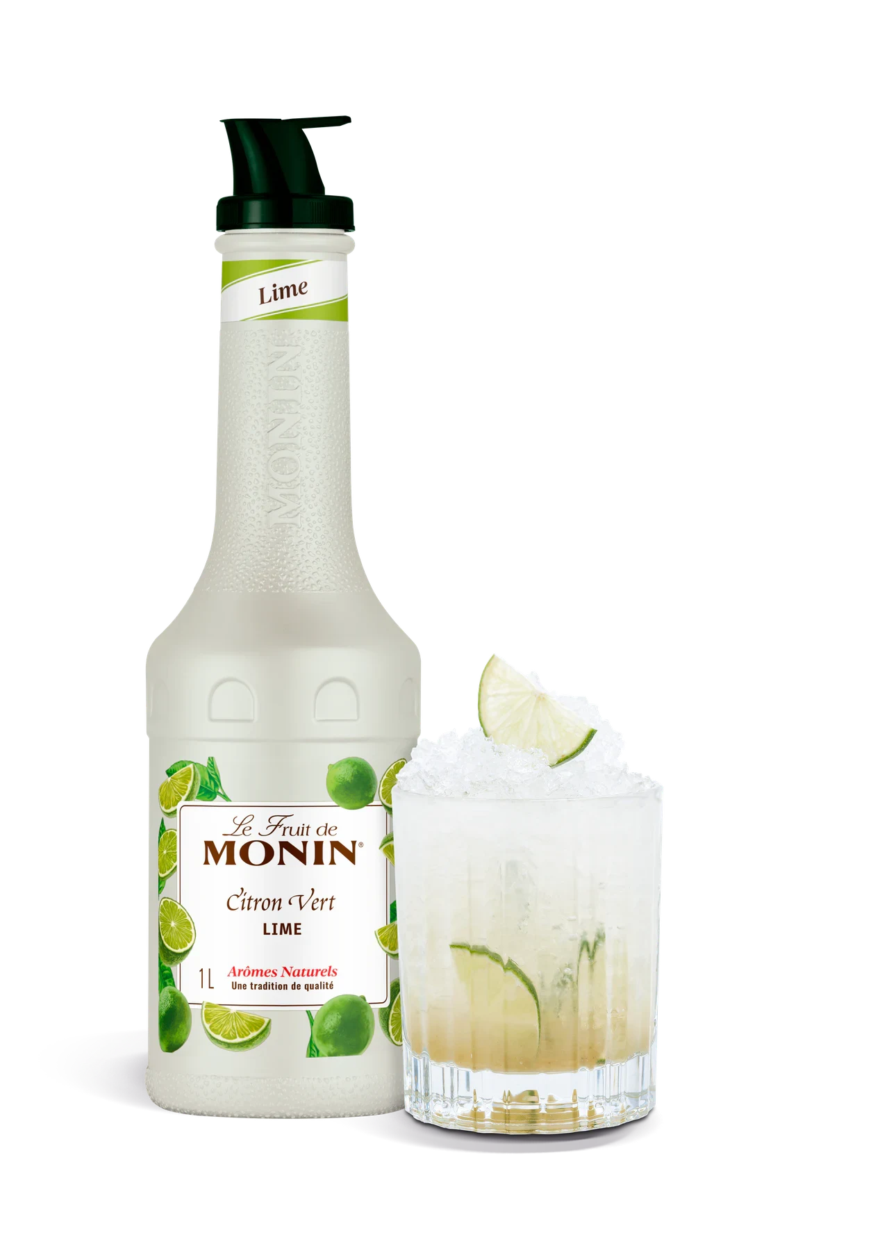 MONIN pyré Limeta v novém bílém designu s hotovým nápojem