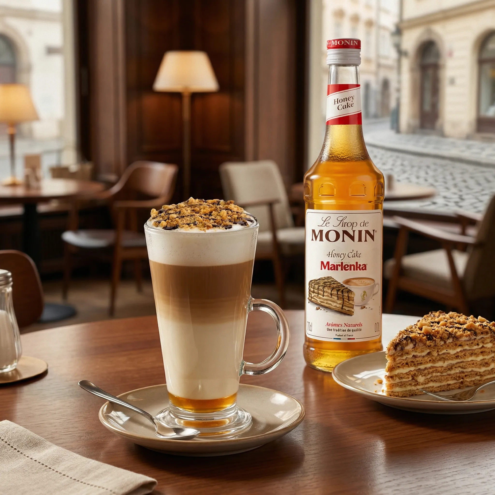 Sirup MONIN MARLENKA s latte a medovým dortem v kavárně