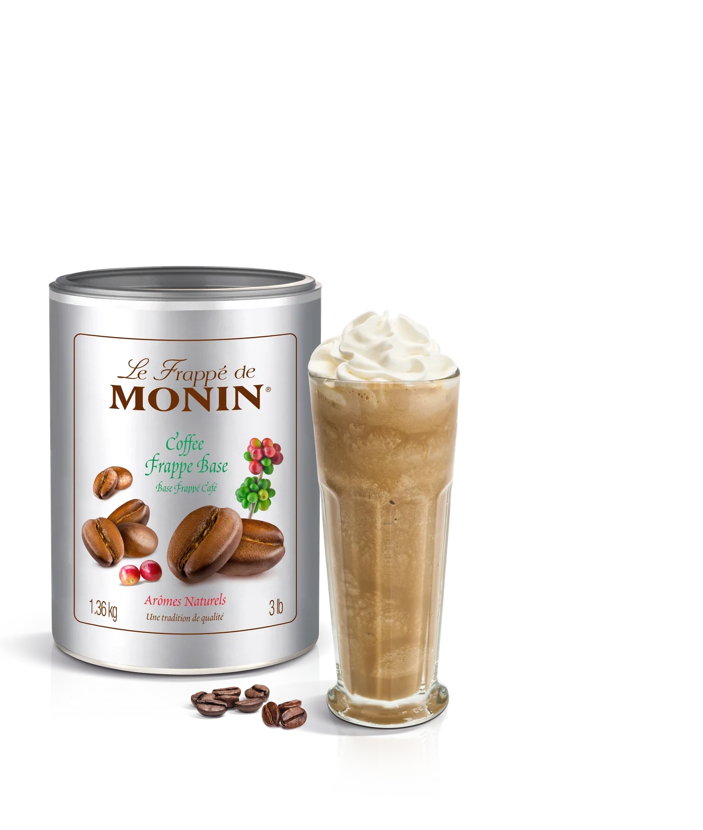 Monin frappe Coffee 1,36 kg – produkt s připraveným nápojem