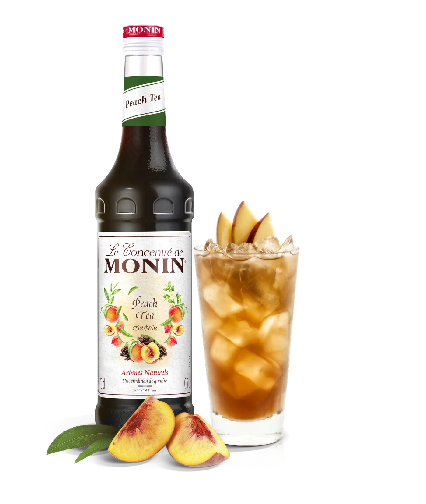 Monin koncentrát Broskev Ice tea 0,7 l – produkt s připraveným nápojem