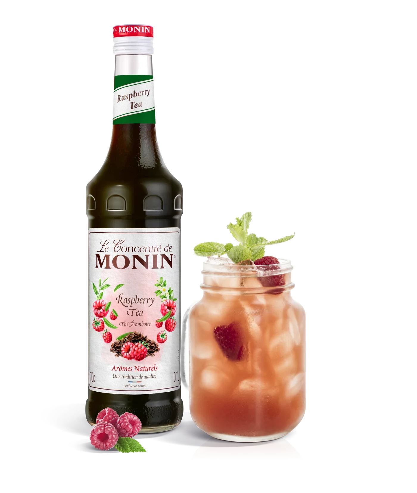 Monin koncentrát Malina Ice tea 0,7 l – produkt s připraveným nápojem