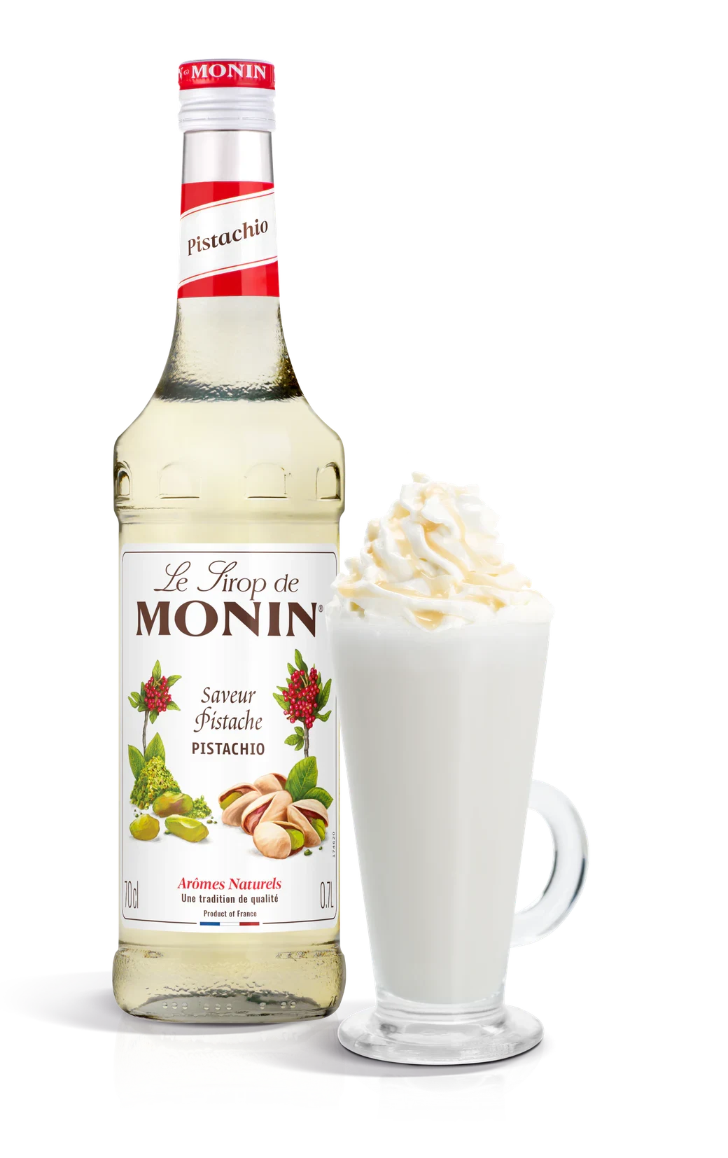 Monin sirup Pistácie 0,7 l – láhev s připraveným nápojem