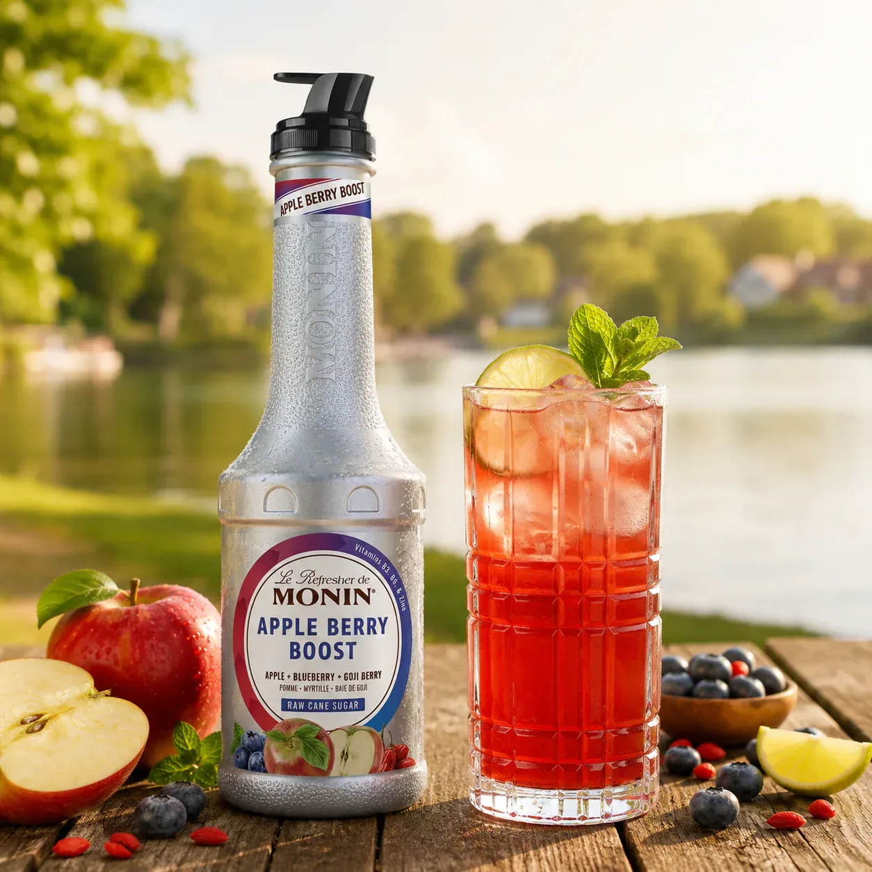 MONIN Refresher Apple Berry Boost s červeným ovocným nápojem