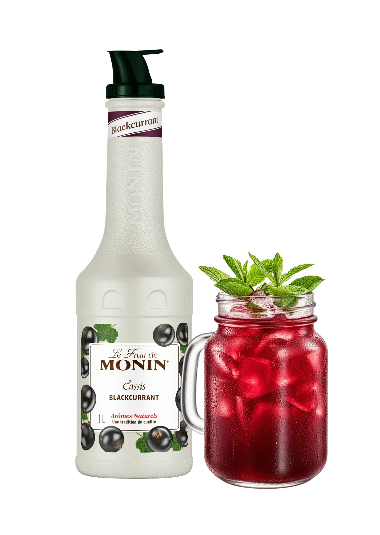 MONIN pyré Černý rybíz v novém bílém designu s hotovým nápojem