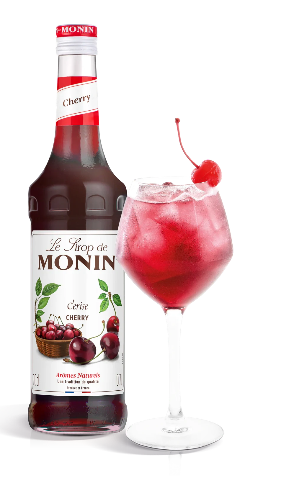 Monin sirup Třešeň 0,7 l – láhev s připraveným nápojem
