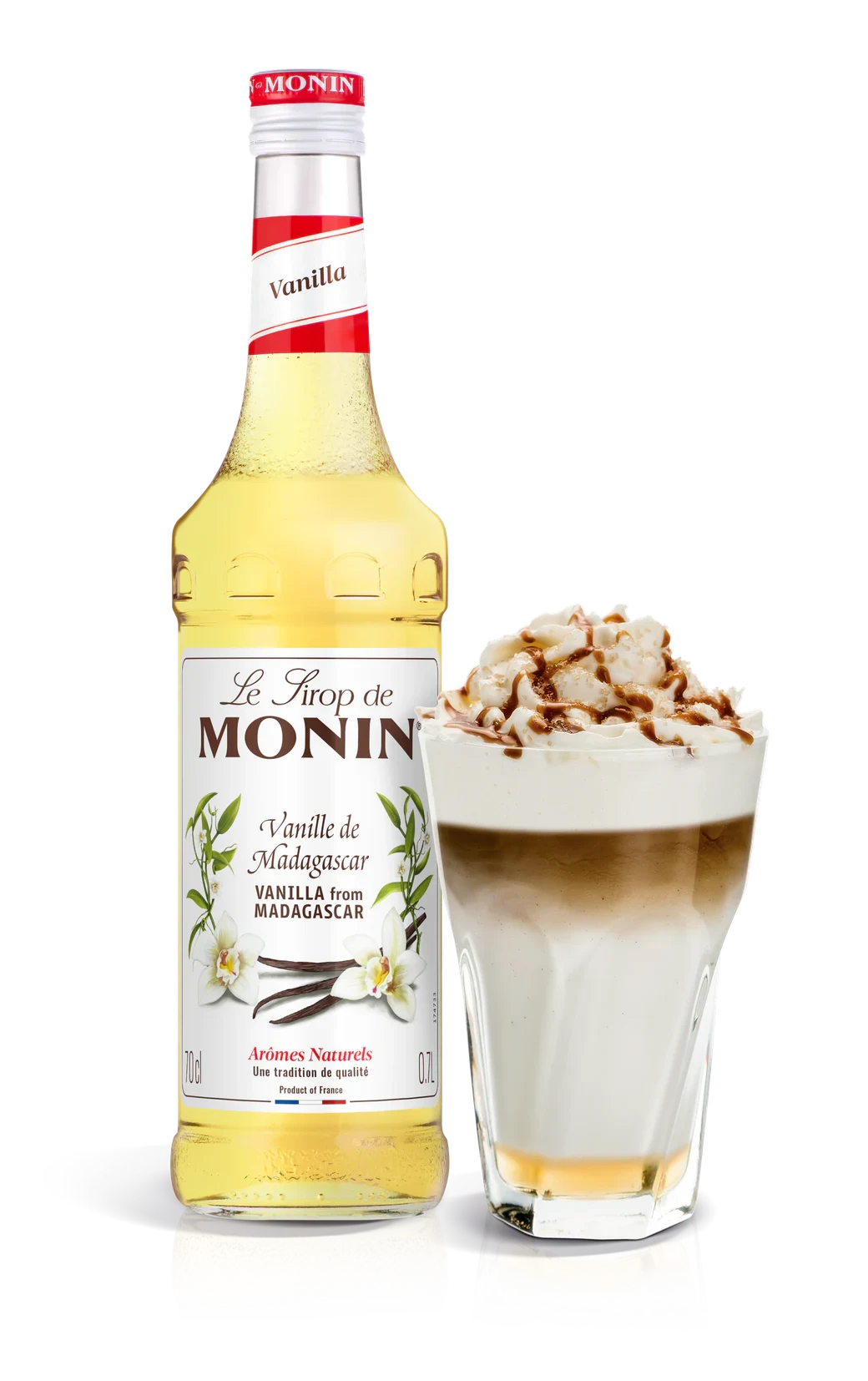 Monin sirup Vanilka 0,7 l – láhev s připraveným nápojem