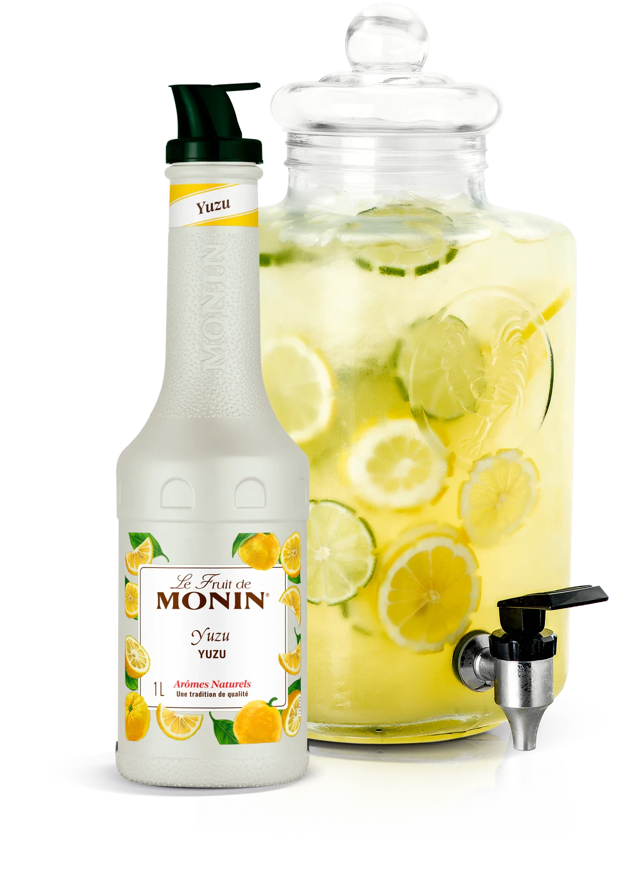 MONIN pyré Yuzu v novém bílém designu s hotovým nápojem