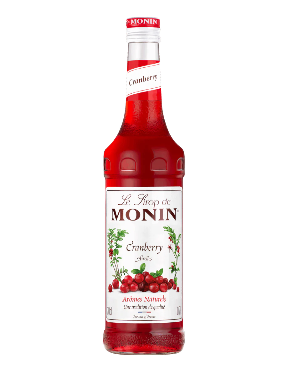 MONIN sirup Brusinka 0,7l — láhev barového sirupu